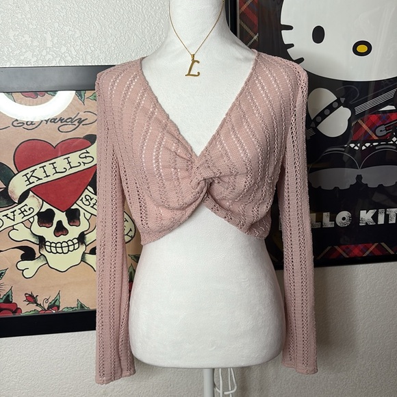 SHEIN Tops - Dusty Pink Knit Twist Front Crop Long Sleeve Top Coquette Balletcore Soft Girl